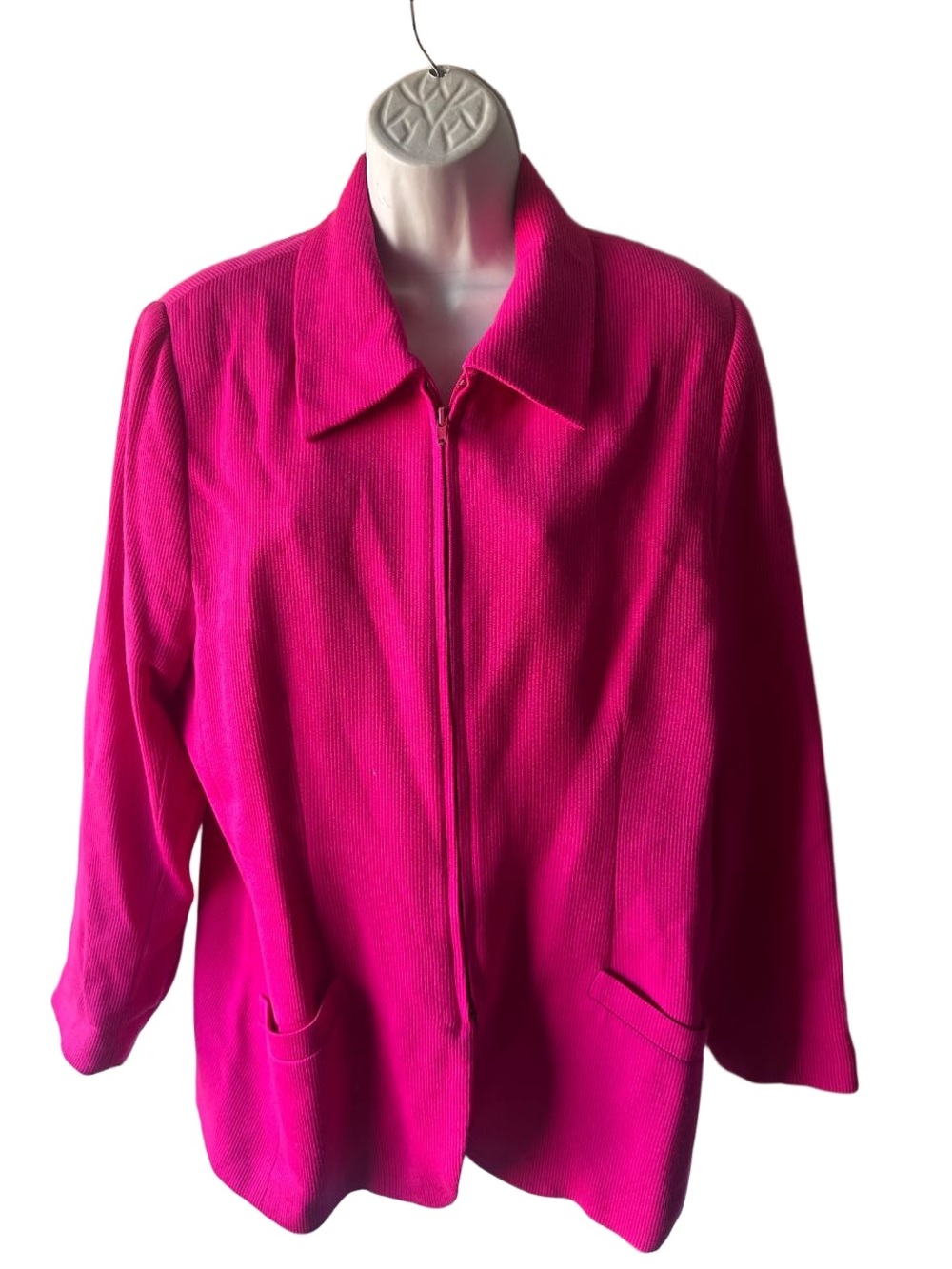 Evan Picone Fuchsia Pink Ribbed Zip Front Jacket Collar Patch Pockets Size 18